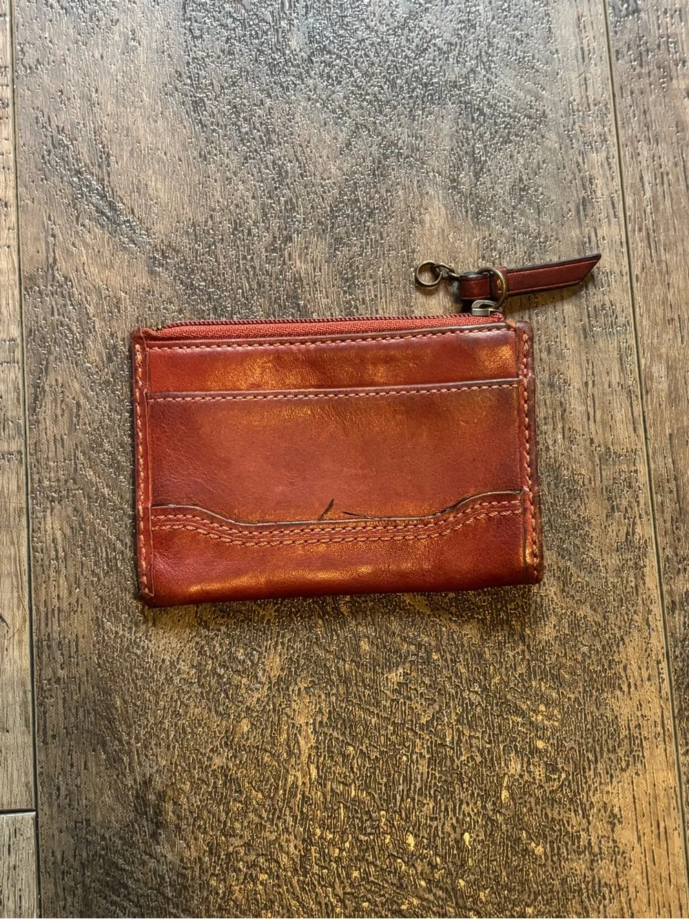 Coach Red Brown Leather Zip Card Case Wallet